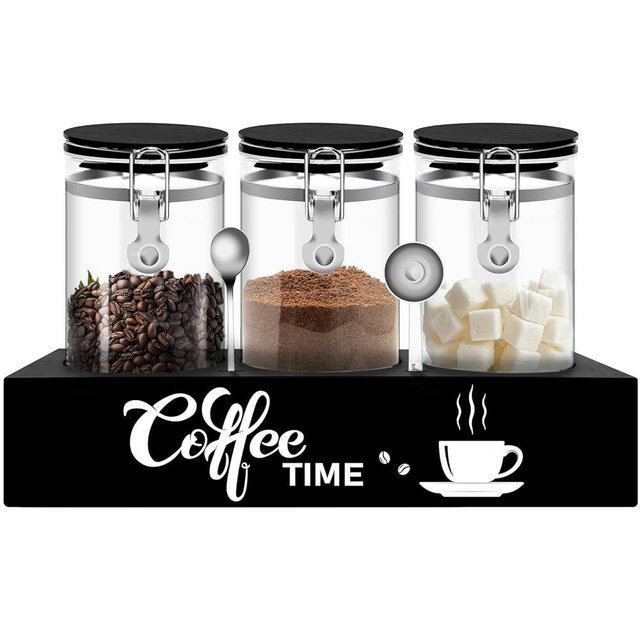 PIQUATOOL 3PCS Glass Coffee Containers with Shelf, 54 oz Coffee Storage Container, Coffee Bean Storage Canisters with Airtight Locking Clamp Lid Spoons for Coffee Beans, Nuts, Sugar