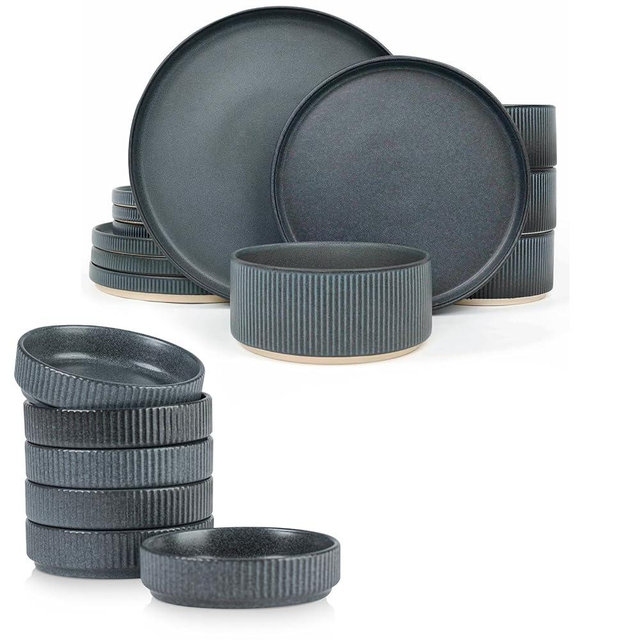 Famiware Dinnerware Set for 4 (12 Piece) and 4oz Dipping Bowl Set (6 Piece) - Star Stoneware Dishes - Matte Dark Charcoal