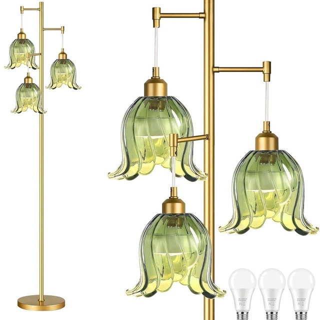 QIYIZM Gold Floor Lamp for Living Room,Bedroom,Tree 3 Light Standing Lamp Mid Century Modern Brass Tall Floor Lamps Vintage Retro Floor Lights Green Glass Flower Lamp Shade Farmhouse Boho Bohemian