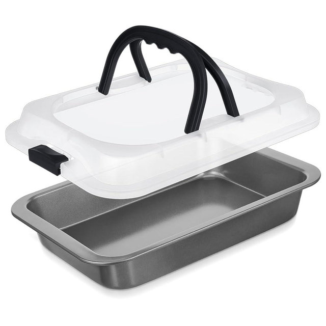 Qinyoung 1 Pcs Cake Baking Pan with Lid and Handle, 9 x 13 Inch Non-stick Rectangle Sheet Cake Pan Carrier for Brownie Roasting Cooking Baking (Black Gray)