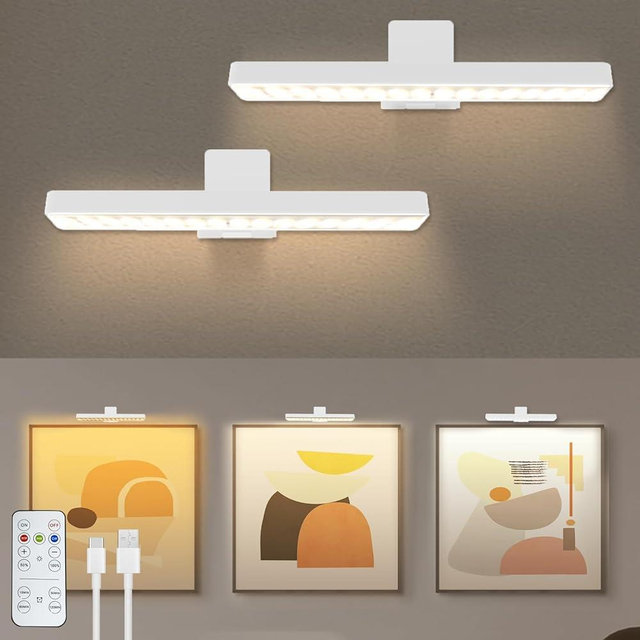 VIGMOJ 2Pack Picture Lights for Wall, 4500mAh Rechargeable Battery Painting Lights with 3 Color Temps,Remote Dimmable Timer Poster Light,Wall Decor Light for Art Display,Frame