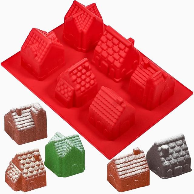 Kamehame Gingerbread House Cake Mold, Christmas Gingerbread House Baking Mold, 6 Cavity 3D Silicone Gingerbread House Pan for Cake Decoration, Cupcake, Soap, Pudding