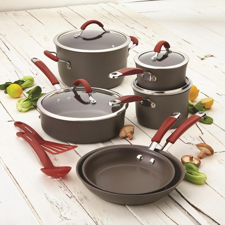 Rachael Ray Cucina Hard Porcelain Enamel Nonstick Cookware Set, 12-Piece,  Agave Blue and Rachael Ray Cucina 4-Piece Bakeware Set, Latte Brown with