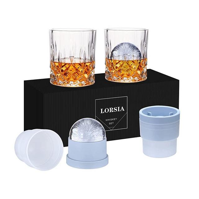 Whiskey Rocks Glass , Set of 4 ( 2 Crystal Bourbon Glasses , 2 Round Big Ice Ball Molds ) In Gift Box - 10 Oz Old Fashioned Glasses for Scotch Cocktail Rum Cognac Vodka Liquor, Unique Gifts for Men