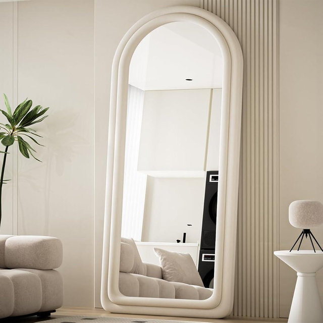 Koonmi 71"x32" Arched Mirror Full Length, Full Body Freely Standing Mirror, Flannel Floor Mirror with Stand for Bedroom, Living Room, Hanging or Against The Wall, White