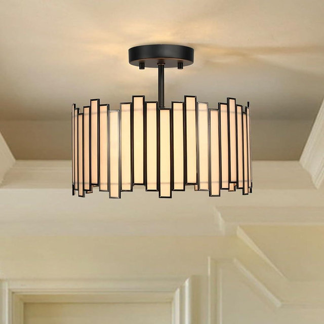Wrlmfy Black Ceiling Light Fixture in Drum Shape, 12.5” Modern Semi Flush Mount Tiffany Lamp with White Glass, 3-Light Round Hanging Light for Bedroom Dining Room Kitchen Entryway Living Room