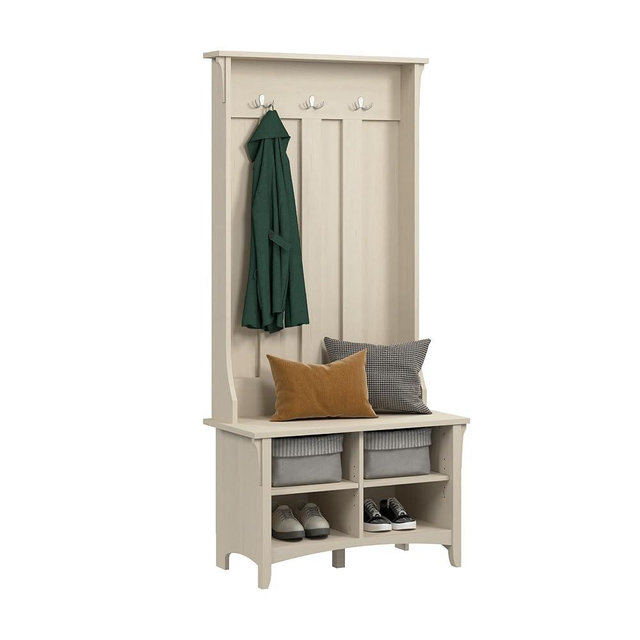 Bush Home Salinas Hall Tree with Shoe Storage Bench in Antique White, Multi-Purpose Home Organizer, Entryway Solution with Seating and Hooks
