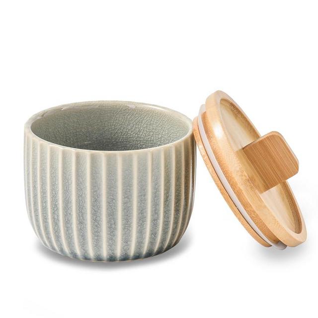 Salt Cellar Keeper with Bamboo Lid, 14oz Big Capacity Ceramic Sugar Bowls Pepper Box, Crackle Glaze Seasoning Container Condiment Pot for Kitchen (Grey Color)