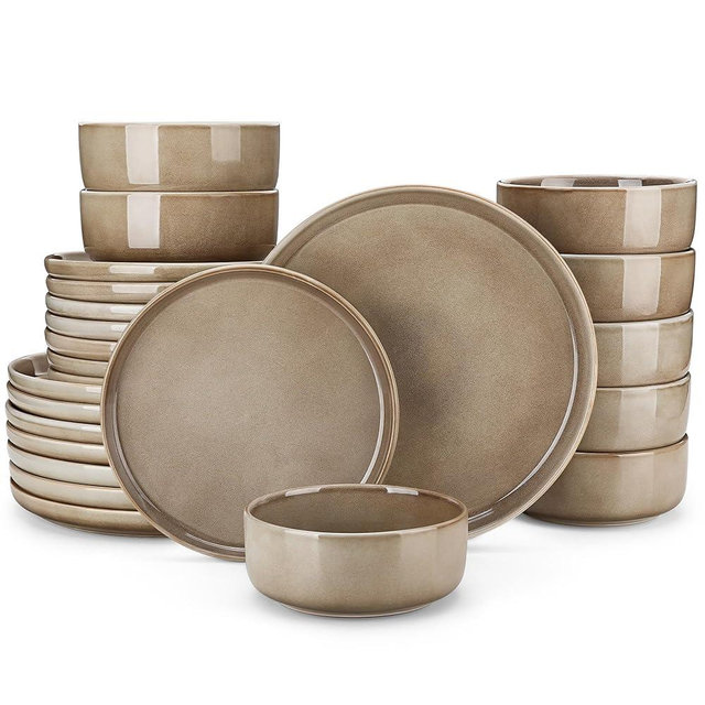 vancasso PLAYA Plates and Bowls Sets, 24 Pieces Dark Brown Dinnerware Sets for Kitchen, Reactive Glaze Dishes Set for 8, Dishwasher and Microwave Safe