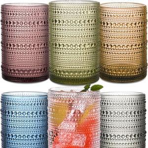 Colored Hobnail Drinking Glasses Set of 6, 15 oz Vintage Highball Glasses, Drinkware Kitchen Glasses for Cocktail, Iced Coffee, Beer, Ice Tea, Wine, Whiskey, Water
