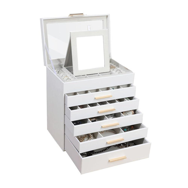 BOOVO Jewelry Box for Women, Black 6 Layer Large Jewelry Organizer with Glass Lid for Necklace, Bracelet, Earrings, Rings Storage, Jewelry Organizers and Storage for Womens Gift (Clear White, 6 layer)