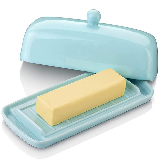 Nucookery Ceramic Butter Dish with Lid | Raised Legs and Non-Slip Strip Design | Porcelain Health | Dishwasher Safe, Lake Blue