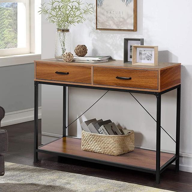 Entryway Table Console Table with Drawers - amzdeal Industrial Sofa Table with Storage 39.4 x 13.8 x 30.7 Inch, 2 Drawers and 1 Shelf, Bear 132 lbs, Best for Entryway, Hallway, Living Room, Foyer