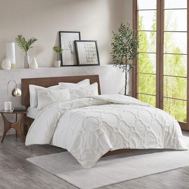 Madison Park Tufted Chenille 100% Cotton Duvet- Modern Luxe All Season Comforter Cover Bed Set with Matching Shams, Full/Queen(90"x90"), Ogee Off White 3 Piece