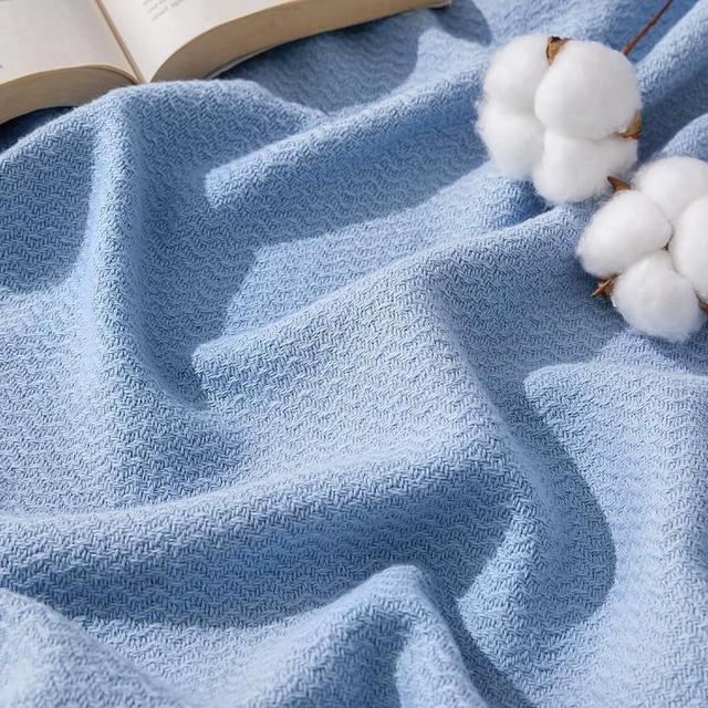 Bedsure 100% Cotton Blanket Queen Size for Bed - Breathable and Lightweight, Soft Cozy Textured Herringbone Woven Blanket for Summer, Ashley Blue, 90x90 inches