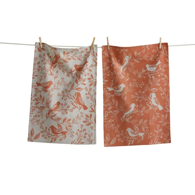 tag Canyon Print Birds & Vines Melon Kitchen Towel Set - Everyday Dishtowels, Machine Washable, 26" x 18"