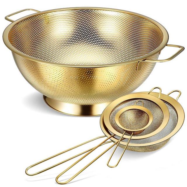 Norme Gold Strainer Set Including 5 Quart Large Size Gold Colander and 3 Pcs Gold Fine Mesh Strainer, Metal Strainer with Handles for Kitchen Rice Juice Quinoa Food Flour Baking