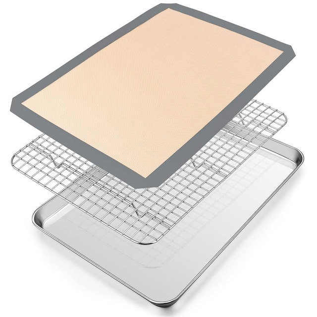 P&P CHEF 16 x 12 x 1 Inch Toaster Oven Pan with Grid Rack and Silicone Mat, Stainless Steel Toaster Oven Tray Baking Pan with Cooling Roasting Rack, Dishwasher Safe (3Pcs)