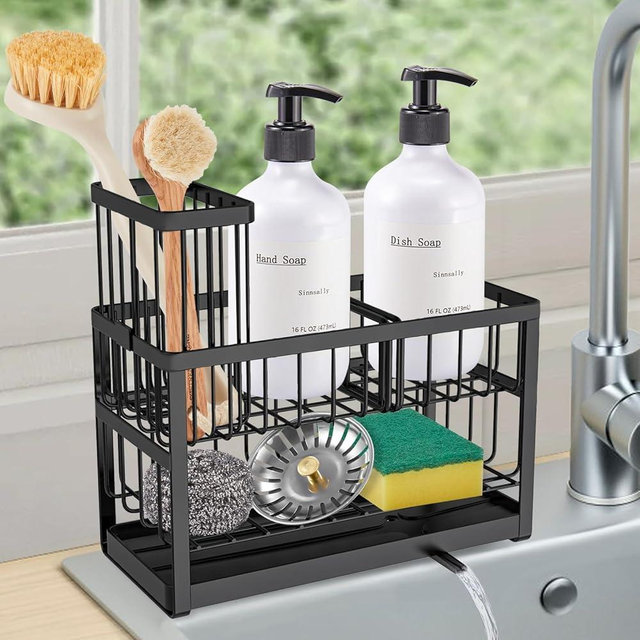 Sponge Holder for Kitchen Sink Caddy,Dish Brush Scrubber Holder,Stainless Steel Sink Utensil Holder with Stand,Kitchen Soap Dispenser Set with Drain Tray,Kitchen Counter Organizer and Storage Rack