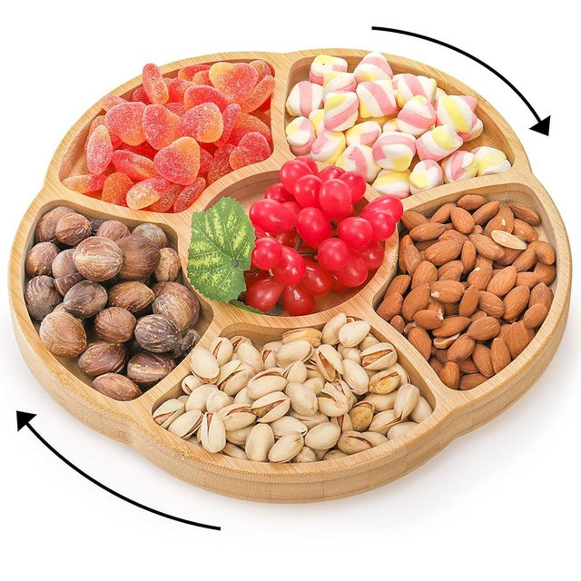 Cididu Bamboo Food Tray, 12'' Lazy Susan Serving Tray, Appetizer Divided Serving Platter Dishes, 360° Rotating Relish Party Tray, 6 Compartments Bamboo Tray for Snack Nut Fruit Veggie Chip and Dip