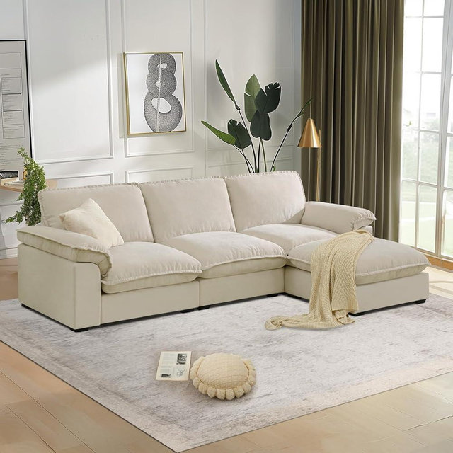 HALLYBEE Modular Sectional Sofa Deep Seat Cloud Couch with Reversible Chaise L Shaped Couch with Padded Armrests Chenille Sectional Couches for Living Room Apartment Office Beige