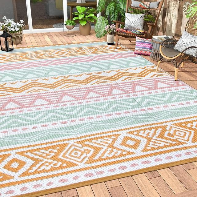 Lahome Outdoor Rug 8x10 Patio Waterproof, Reversible Outdoor Plastic Straw Rug for Camping, Large RV Outdoor Rugs Outside, Indoor Outdoor Carpet for Porch Deck Backyard Balcony Picnic,Pink/Orange