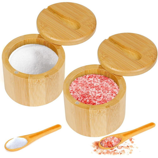 Loscarol 2Pcs Bamboo Salt Cellar Spice Box with Magnetic Swivel Lid & Spoon, Bamboo Storage Box Salt Container to Storage Pepper, Table Salt, Gourmet Salts, Spice, 6 oz