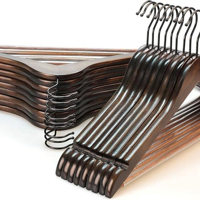 TOPIA HANGER Heavy Duty Wood Coat Hangers in Smooth Retro Finish, Boutique Quality Wooden Suit Hangers-Non-Slip Rubber Pants Bar and Smoothly Cut Notches-360° Rotating Black Hook-30 Pack, CT04A30
