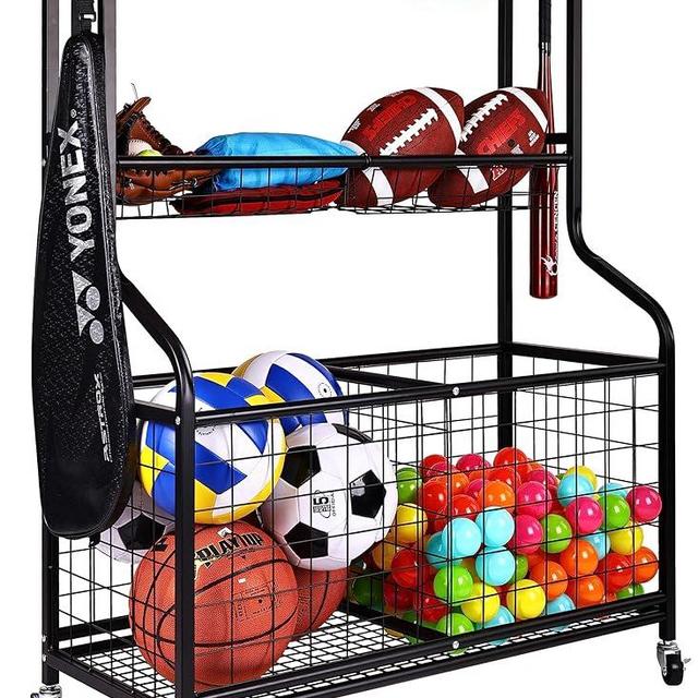 Signature Fitness Garage Sports Equipment Organizer, Garage Ball Storage, Sports Gear Storage, Garage Organizer with Baskets and Hooks, Rolling Sports Ball Storage Cart, Black, Steel, Multiple Styles