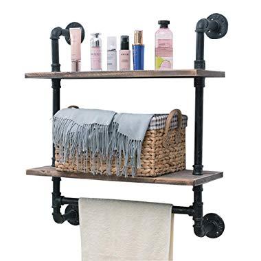 Industrial Pipe Shelf,Rustic Wall Shelf with Towel Bar,24" Towel Racks for Bathroom,2 Tiered Pipe Shelves Wood Shelf Shelving