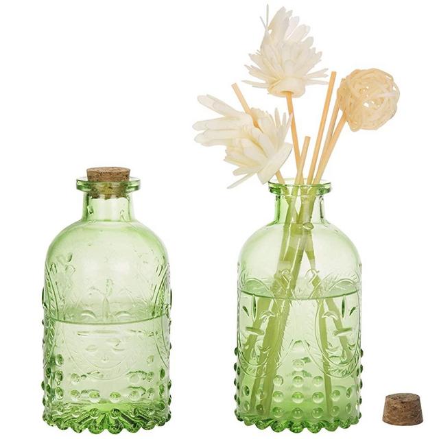 MyGift Vintage Design Embossed Green Glass Bottle with Cork Lid, Set of 2