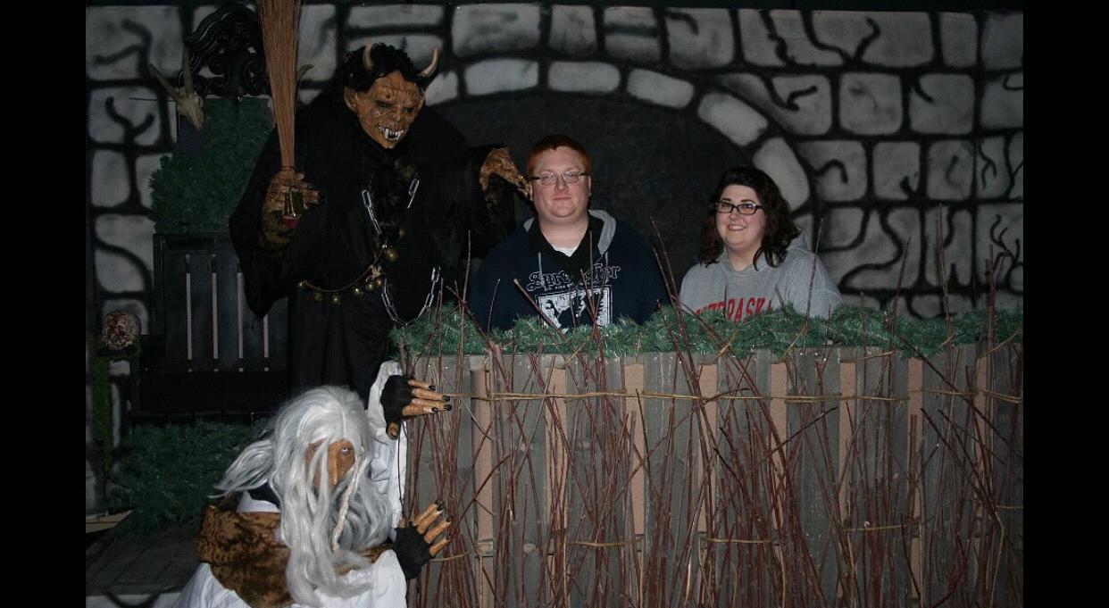 December 2015 Krampus-themed haunted house (Bob looks so happy)