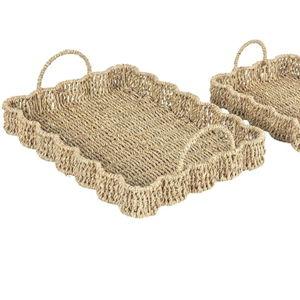 Seagrass Scalloped Rectangular Outdoor Serving Trays, Set of 2, Natural