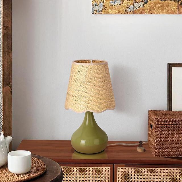 Green Cute Small Boho Table Lamp for Bedroom Bedside, Green Bedroom Lamps for Nightstand, Small Scalloped Rattan Shade Table Lamps for Small Spaces for Bedroom, Home Office, Living Room, Kids Dorm