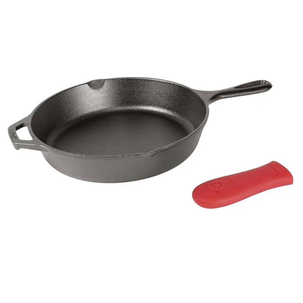 Lodge 12 Inch Cast Iron Skillet with Red Silicone Hot Handle Holder – Pre-Seasoned Frying Pan for Stove, Oven, Grill & Campfire – Made in the USA – Durable, Nonstick Cast Iron Cookware – Black