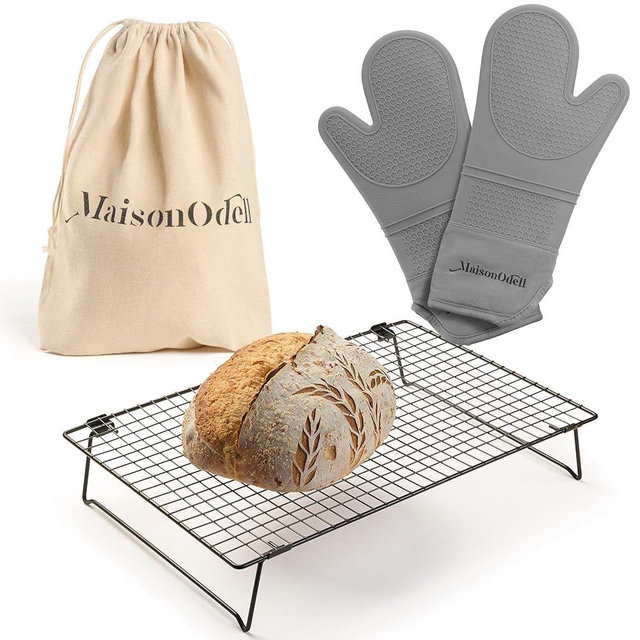 MaisonOdell Sourdough Cooling & Storage Accessories Set - Gray Oven Mitts, 17×11×3 Cooling Rack & 15×12 Linen Bread Storage Bag