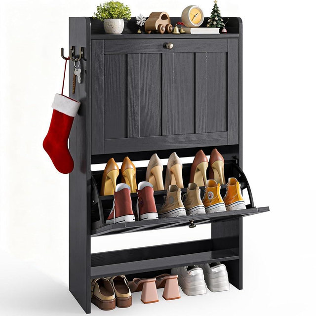 Gizoon Shoe Cabinet with Open Storage, Shoe Storage Cabinet for Entryway, Freestanding Narrow Rack with 2 Flip Drawers, Space-Saving, for Hallway, Black