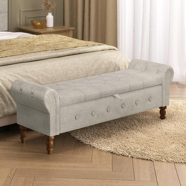 Furpopup Storage Ottoman Bench for Bedroom, Linen 52" End of Bed Bench with Rolled Arms Upholstered Ottoman Bench Fit for Bedroom, Living Room, Entryway, Linen Gray