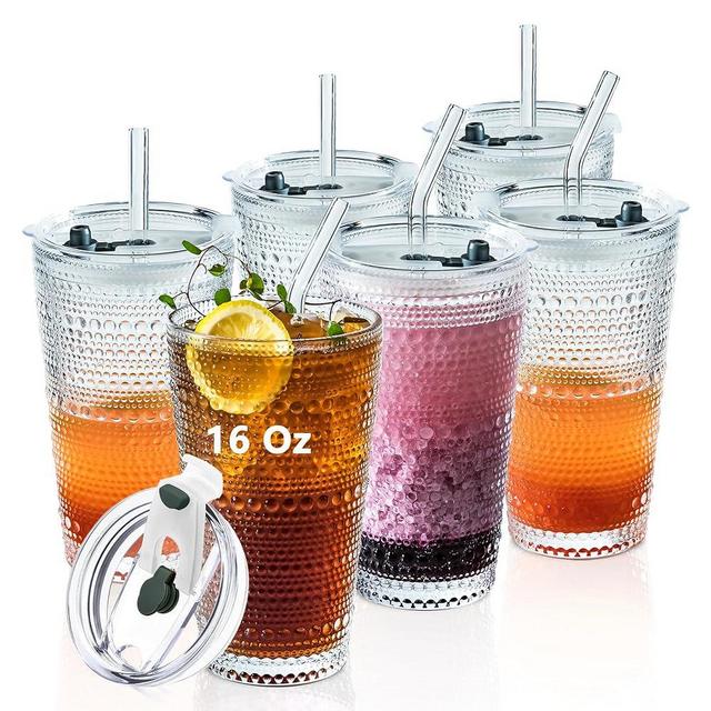 KEMORELA 6 Pack Hobnail Drinking Glasses with Lids and Straws, 16oz XL Highball Bubble Cocktail Glasses, Old Fashioned Tumblers for Whiskey, Bourbon, Wine - Perfect for Parties and Everyday Use
