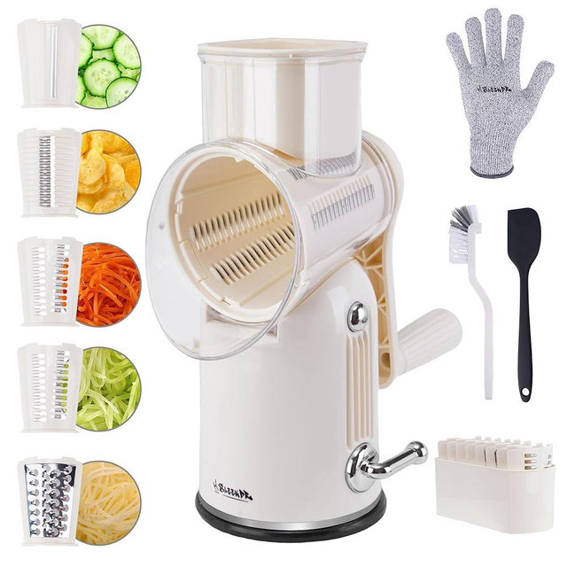 SLEEKDR 5 in 1 Rotary Cheese Grater Vegetable Slicer with Handle - Upgraded Hand Crank Cheese Grater with Handle and Strong Suction Base, Multi-Purpose Vegetable Slicer with 5 Well-Designed Blades