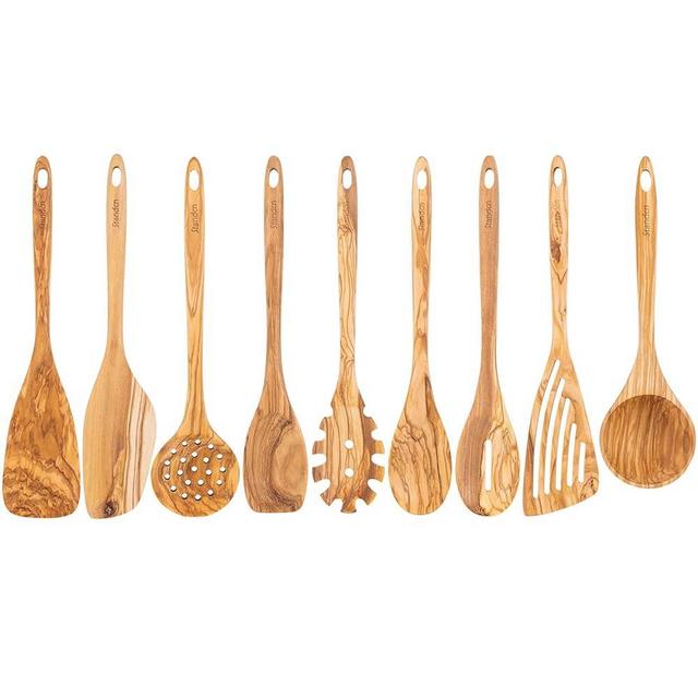Olive Wood Kitchen Utensils Set - 9 PCS Natural Olive Wood Cooking Tools with Flat Spatula, Curved Spatula, Slotted Spatula, Spaghetti Spoon, Salad Spoon, Solid Spoon, Slotted Spoon, Lalde, Skimmer