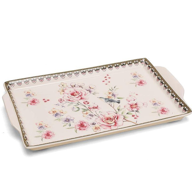 Magicpro Flower Ceramic Platter Large Size 14.4 inch Floral Design ice Cracked Ceramic Tray for Home Decor, Wedding or Gift