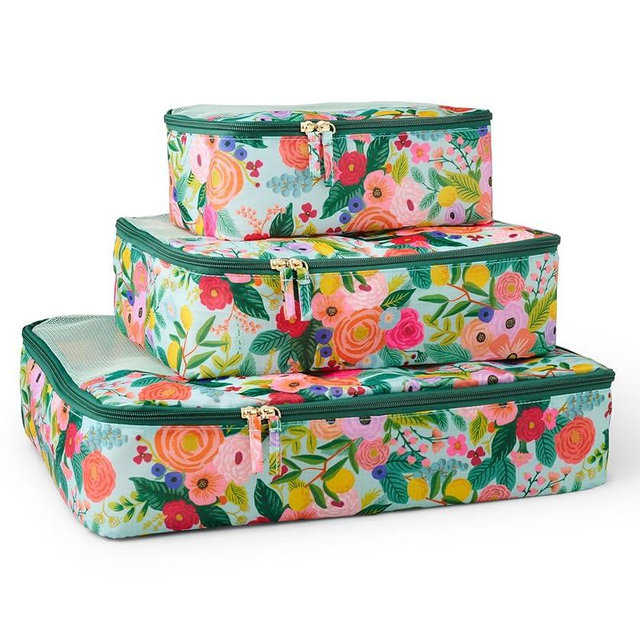 RIFLE PAPER CO. 3 Set Compression Packing Cubes with Zipper Pull & Laundry Bag | Organizer Travel Essentials for Luggage/Suitcase | Garden Party Pattern