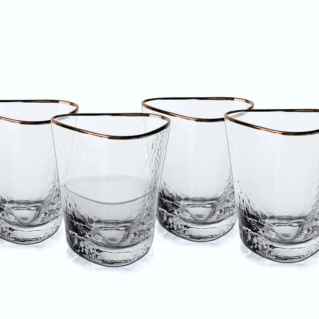 A CIVILIZED MAN Amalfi Hammered Triangular Glassware or Stemware with Gold Rims - Elegant Crystal Cocktail Glassware for Parties, Gifts & Home Bar - Sets of 4 (DOF - S/4)