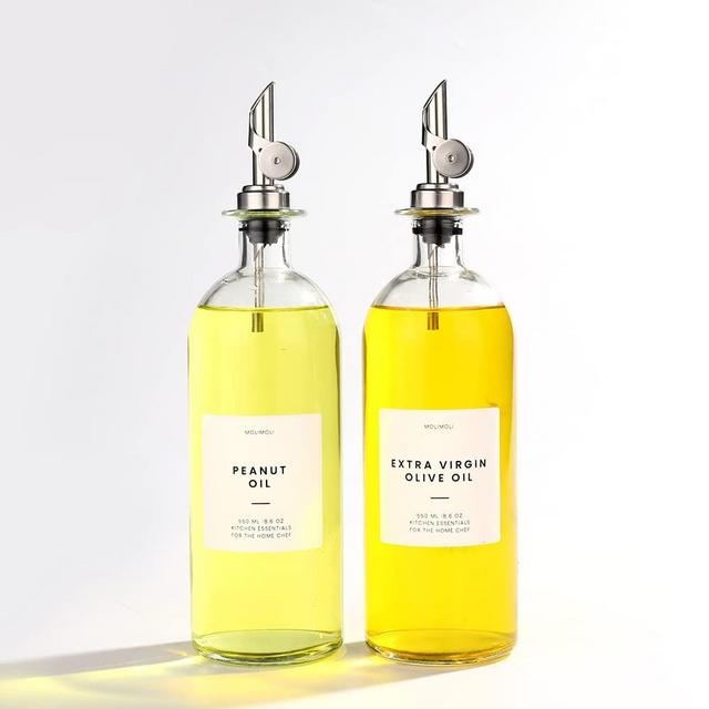 Moilmoli Oil and Vinegar Dispenser with Metal Pour Spout, Weighted Pourer, Glass Bottle Dispenser for Kitchen, Olive Oil Cruet, Glass Olive Olive Bottle | Set of 2 - Silver…