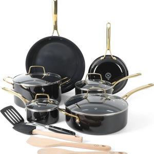 Martha Stewart Lockton 14 Piece Premium Non-Stick Heavy-Gauge Aluminum Cookware Combo Set (Pots, Pans, and Tools) - Black w/Gold Handles