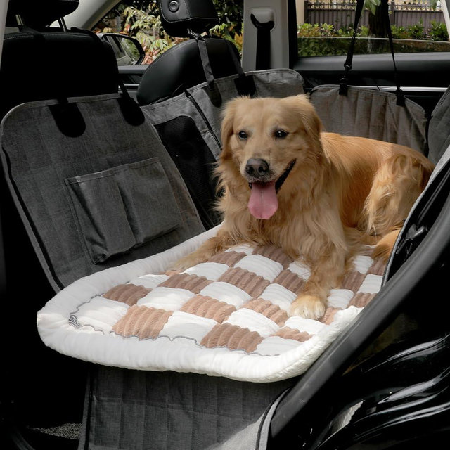 Awjcsv Dog Car Seat Cover for Back Seat, Dog Bed for Car, Fit for Backseat Extenders, Car Seat Protector, Nonslip Soft Durable for Cars Trucks and SUVs (Coffee and White, 24.8" x 54")