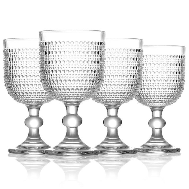 GOROGILE 12 oz Clear Vintage Wine Glasses,Hobnail Drinking Glasses Set of 4,Embossed Goblet Glasses for Wedding,Party, Dinner,Bar