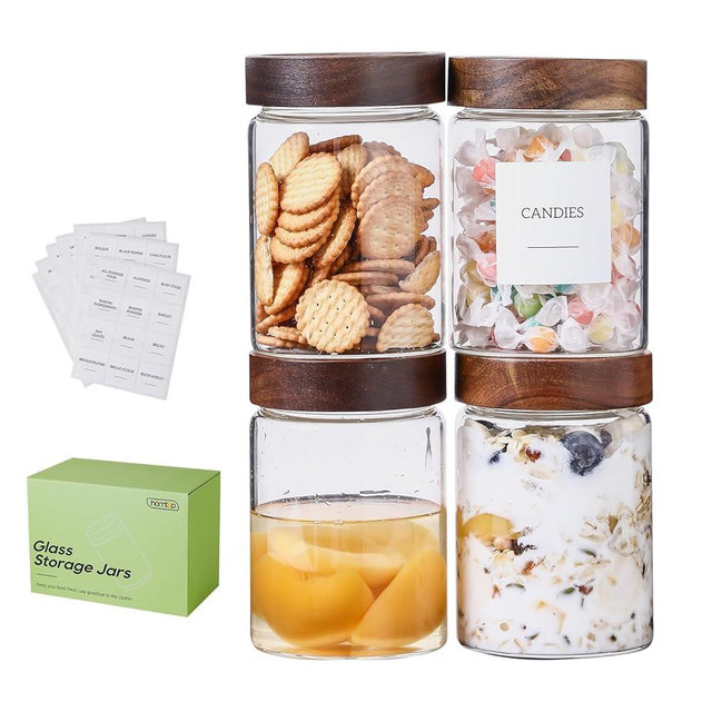 Homtop Glass Jars with Wood Lid Screw Top 4 Pack(27 Oz), High Borosilicate Glass Containers Mason Jars for Food Storage