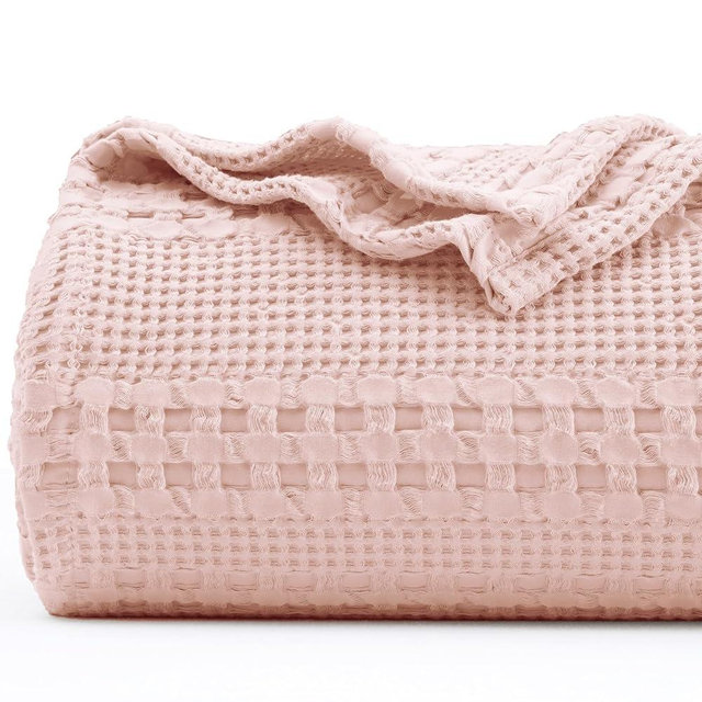 PHF 100% Cotton Waffle Weave Blanket Queen Size, Lightweight Washed Cotton Blanket for Spring & Summer - 90"x90" Soft Woven and Breathable Blanket for Bed Sofa Home Decor - Pink